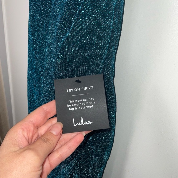 Lulus NWT Blue Metallic Asymmetrical Stretchy Bodycon Party Mini Dress - Size M - Picture 8 of 9